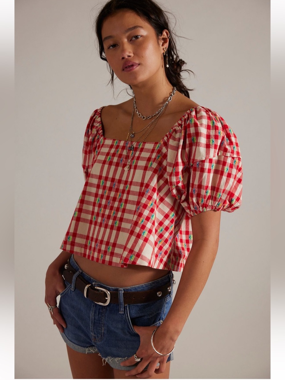 Free People Red and Cream Gingham Puff-Sleeve Crop Top